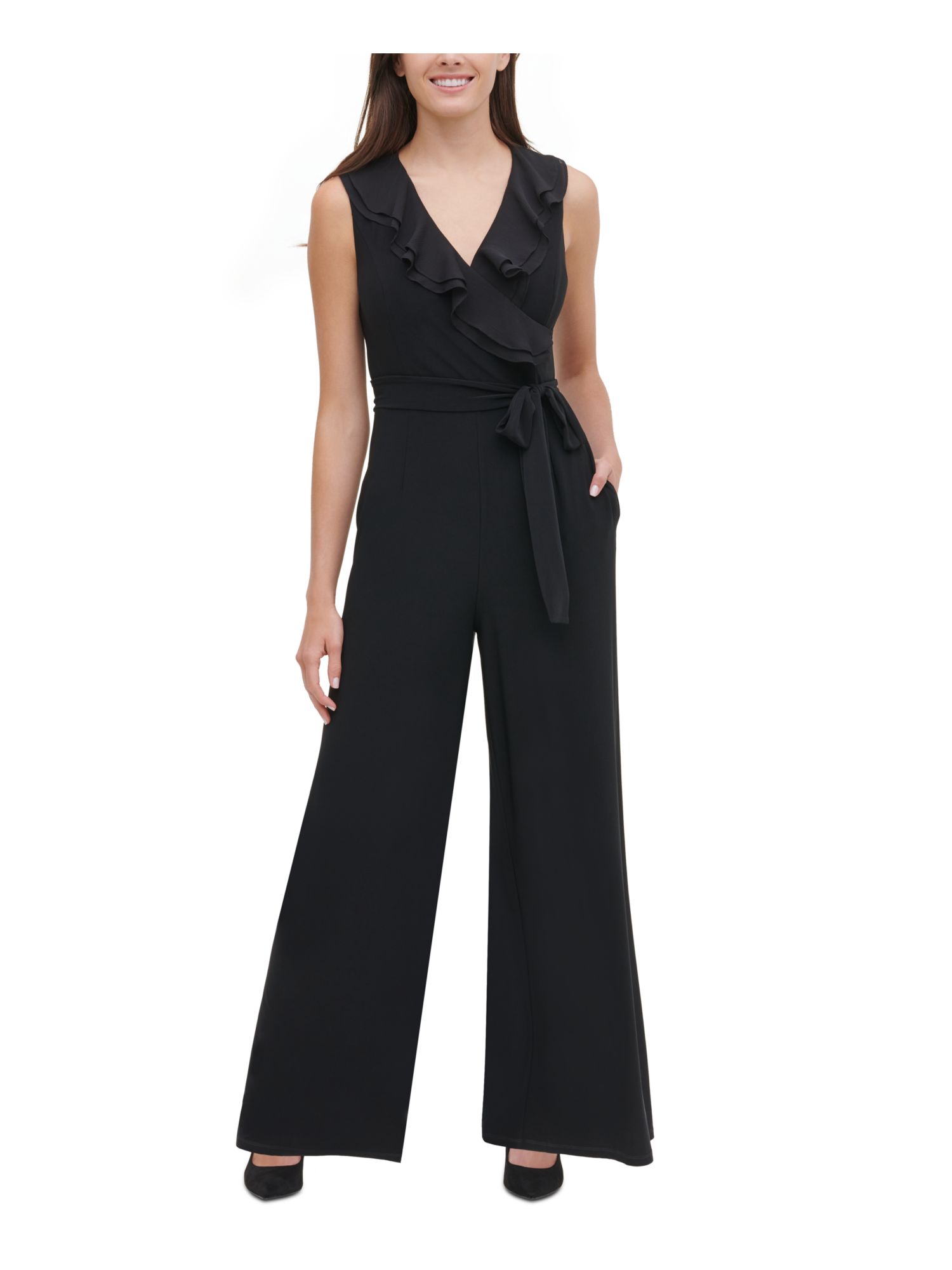 TOMMY HILFIGER Womens Black Ruffled Sleeveless V Neck Wide Leg Jumpsuit  Size 14