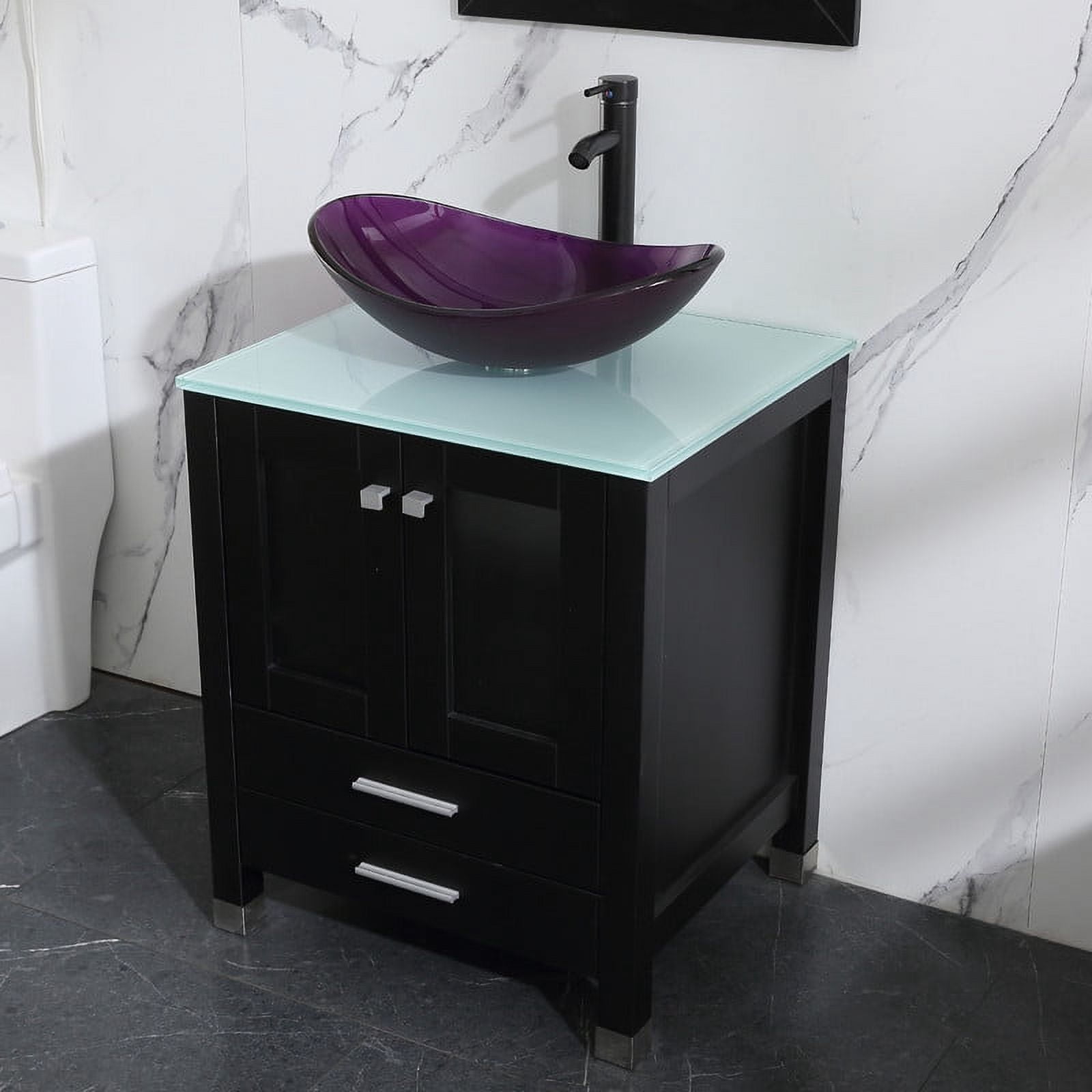 Walsport 24" Luxurious Bathroom Vanity with Purple Tempered Glass Vessel Sink Bowl and Countertop and Mirror and Faucet,Stand Floor Cabinet Bathroom Storage Vanity with Pop Up Drain,Black