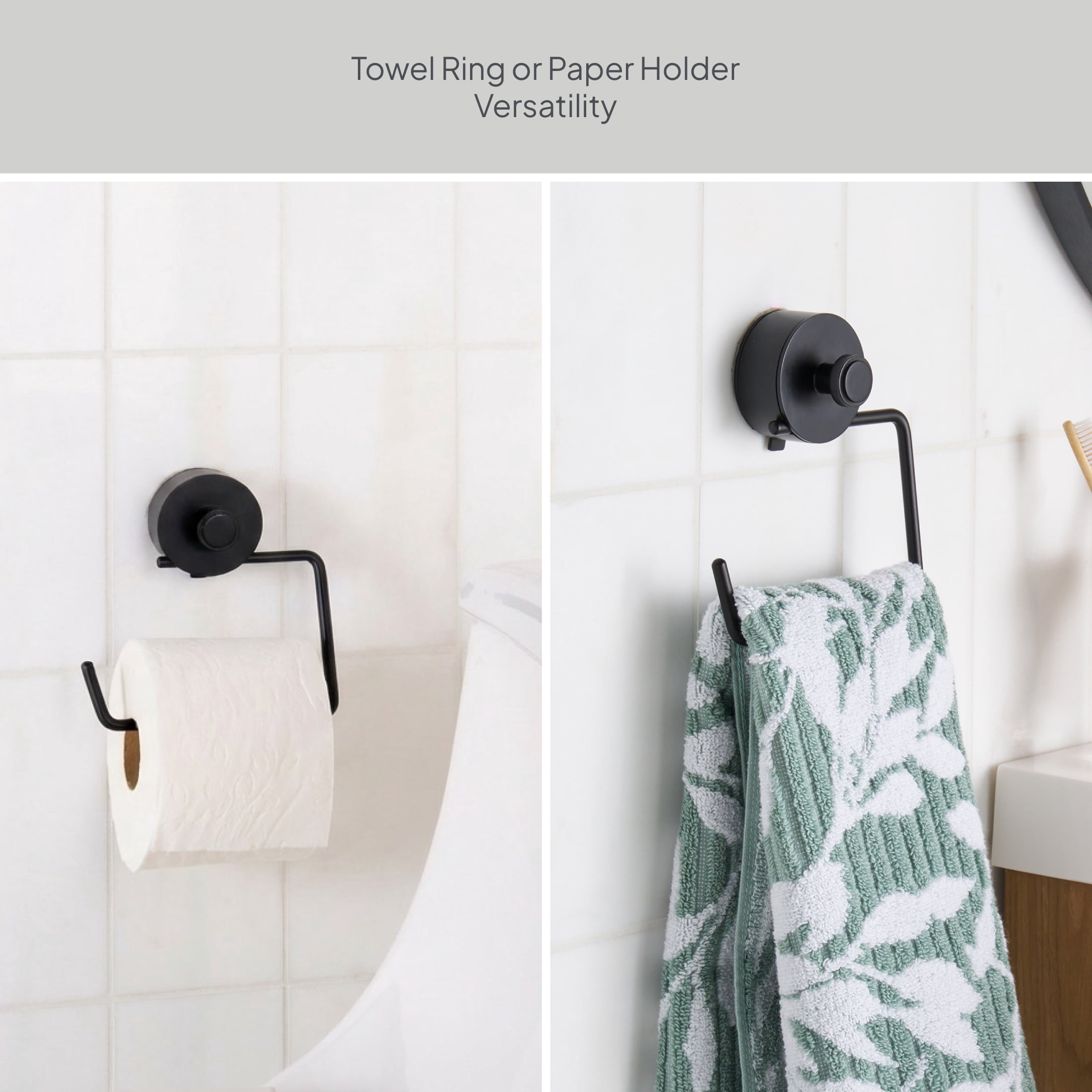 Better Homes & Gardens StyleGrip Suction Mount Towel Ring with Built-In Hook, Matte Black