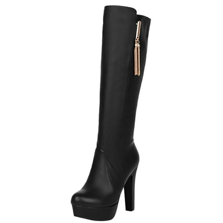 

Entyinea Winter Boots for Women Block Heels Square Toe Side Zipper Suede Fall Winter Comfort Boot Black 38