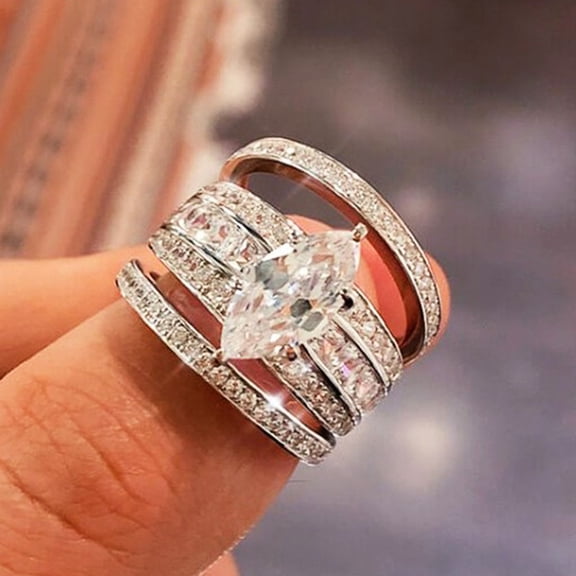 PULABO Cubic Zirconia 14K White Gold Plated Ring for Women Size 9 3 Piece Set