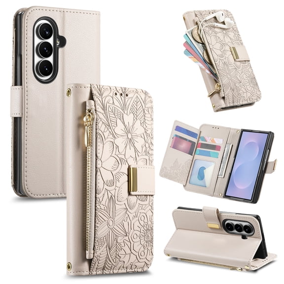 Sanwo for Samsung Galaxy Z Fold 8 Ultra Case, PU Leather Flip Wallet Case with Card Holder and Stand, Magnetic Folio Cover with Zipper Pocket, Beige