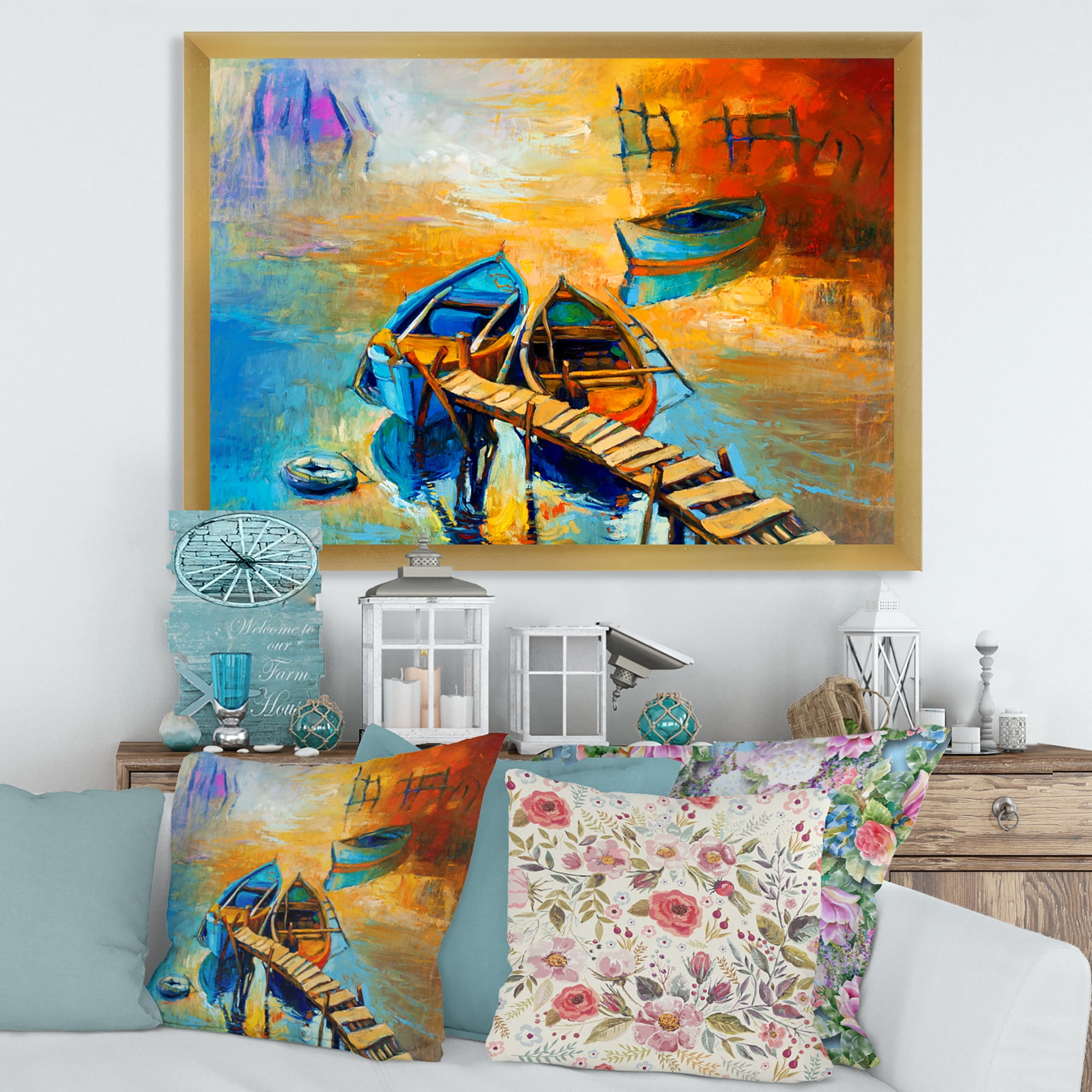 Boat At The Lake During Evening Glow V 32 in x 24 in Framed Painting Canvas Art Print, by Designart