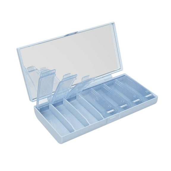 Equadose Weekly Pill Organizer with Mirror, Compact Vitamin Storage Box, Travel-Friendly, Blue