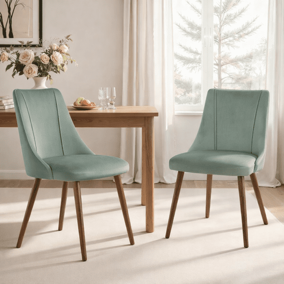 FurnitureR Velvet Dining Chairs Set of 2, Modern Upholstered Kitchen Side Chairs with Wood-Look Metal Legs for Living Room & Dining Room, Light Green