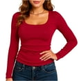 thumbnail image 2 of Womens Long Sleeve Shirts Square Neck Slim Fit Basic Tops Ribbed Tee Red S, 2 of 4