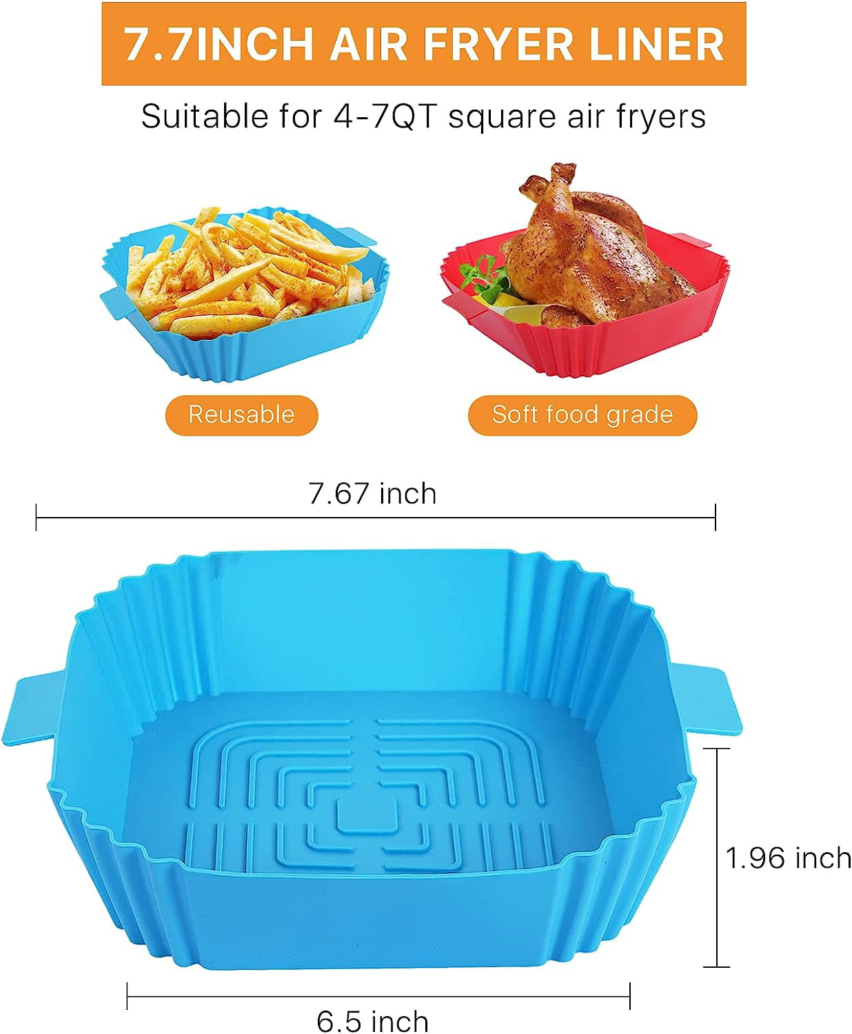 Air fryer silicone liners ，2pcs 7.7in reusable silicone air fryer liners，  For 4 to 6 QT square silicone air fryer liners for Food Safe Air fryers  Oven Accessories (blue+red) 