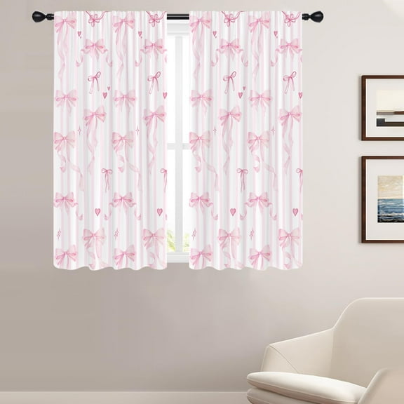 Pink Bow Window Curtains for Bedroom 42 x 63 Inch Rod Pocket Cute Girls Girly Kids White Blush Preppy Princess Kawaii Pastel Aesthetic Home Bedroom Living Room Treatment Set of 2 Panels Drapes