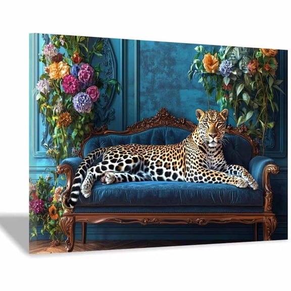 Mudket Framed Leopard on Blue Velvet Sofa Canvas Wall Art, Leopard Print Living Room Wall Decor, Trendy Animal Wall Art Ready to Hang - 12"L x 8"W