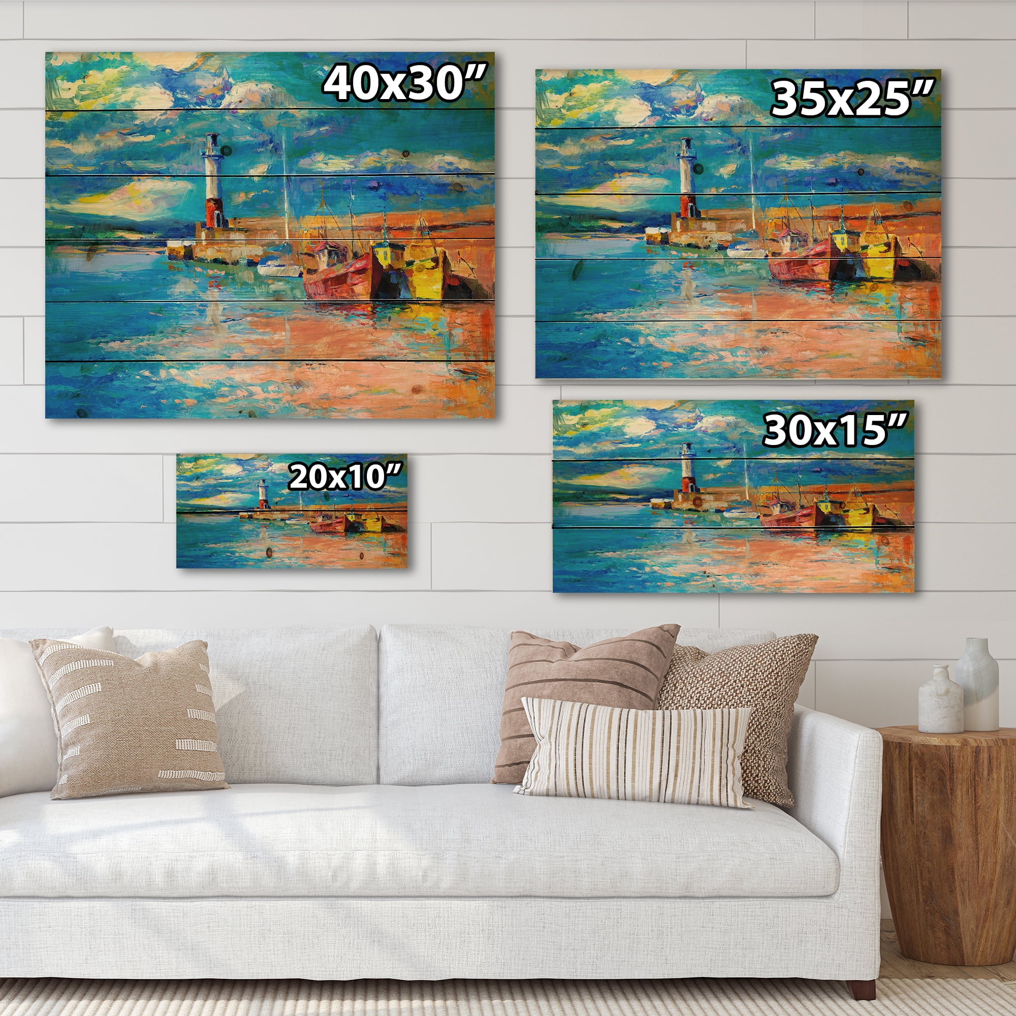 Designart 'Lighthouse By The Shore In Evening Glow ' Nautical & Coastal Print on Natural Pine Wood