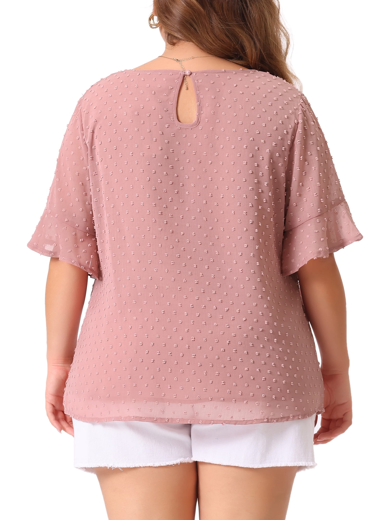 DARING DIVA Women's Plus Round Neck Ruffle Sleeve Swiss Dots Top 2X Dark Pink
