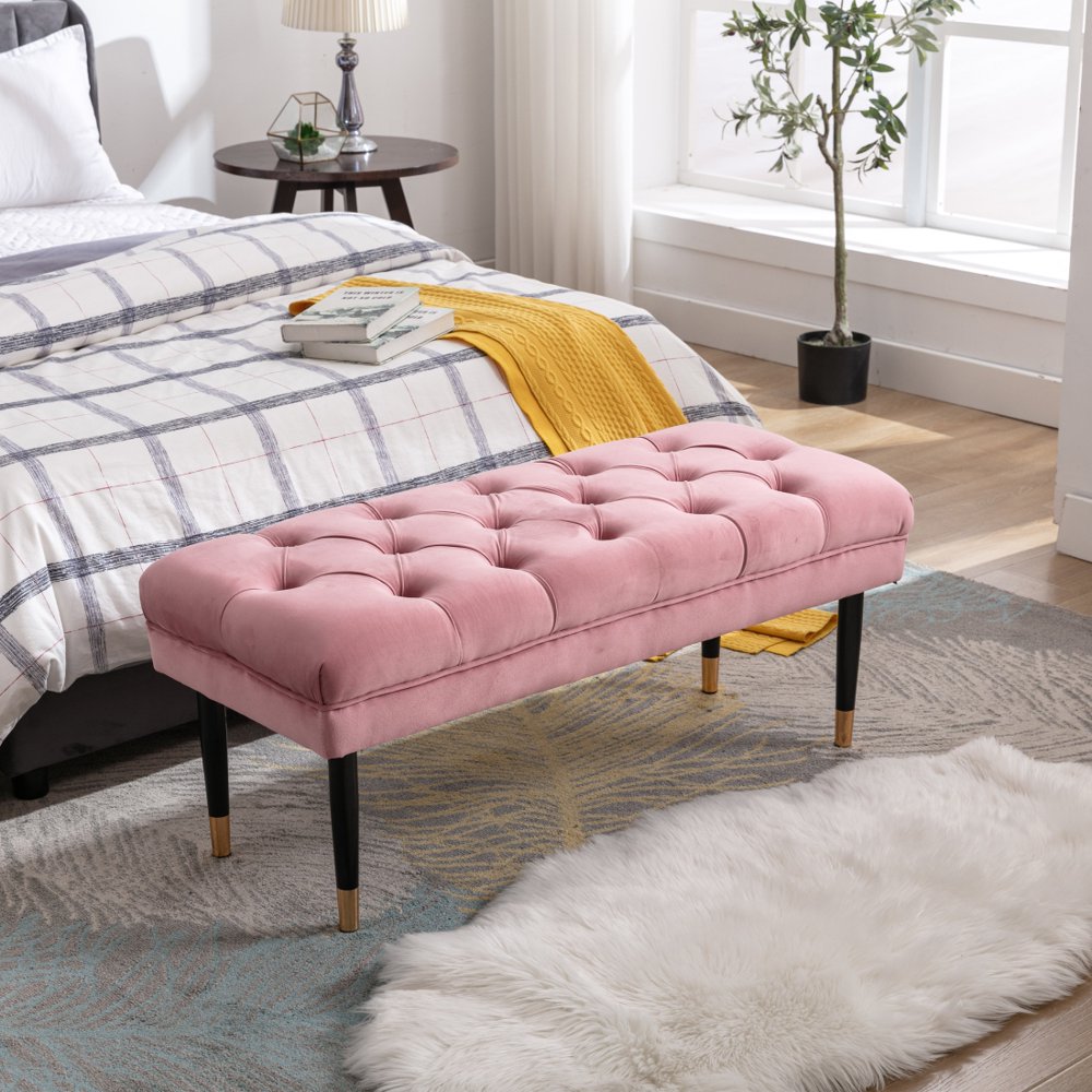Gzxs Velvet Bedroom Bench with Metal Legs, Tufted Upholstered End of