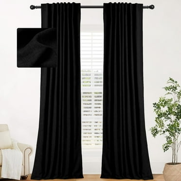 52''W x 84''L Black Linen Blackout Curtains (2 Panels) | 100% Light Blocking with Thermal Insulation | Back Tab/Rod Pocket | Room Darkening for Bedroom & Living Room