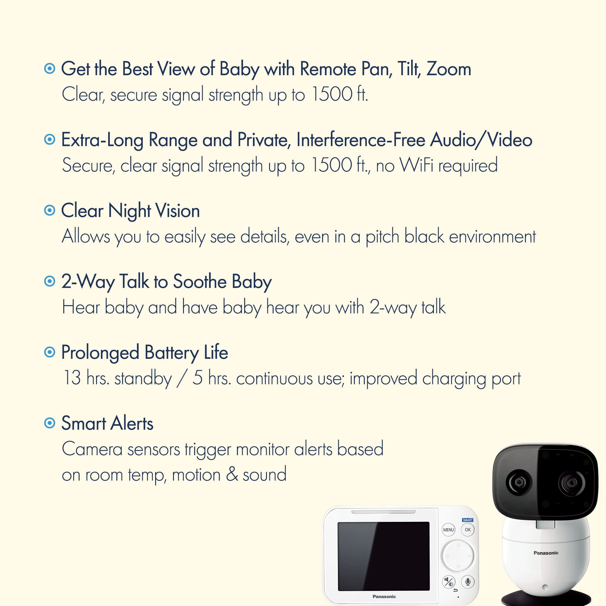 Panasonic Baby Monitor with Camera and Audio, 3.5” Color Video, Extra Long Range, Secure Connection, 2-Way Talk, Soothing Sounds, Remote Pan, Tilt, Zoom - 1 Camera - KX-HN4101W (White) C21