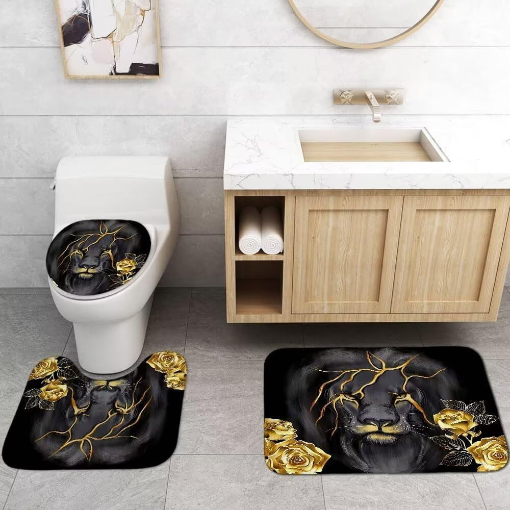 4 PCS Gold Rose and Lion Bathroom Set with Shower Curtain Set with Rugs, Gold Bathroom assessories, Black Lion Shower Curtain