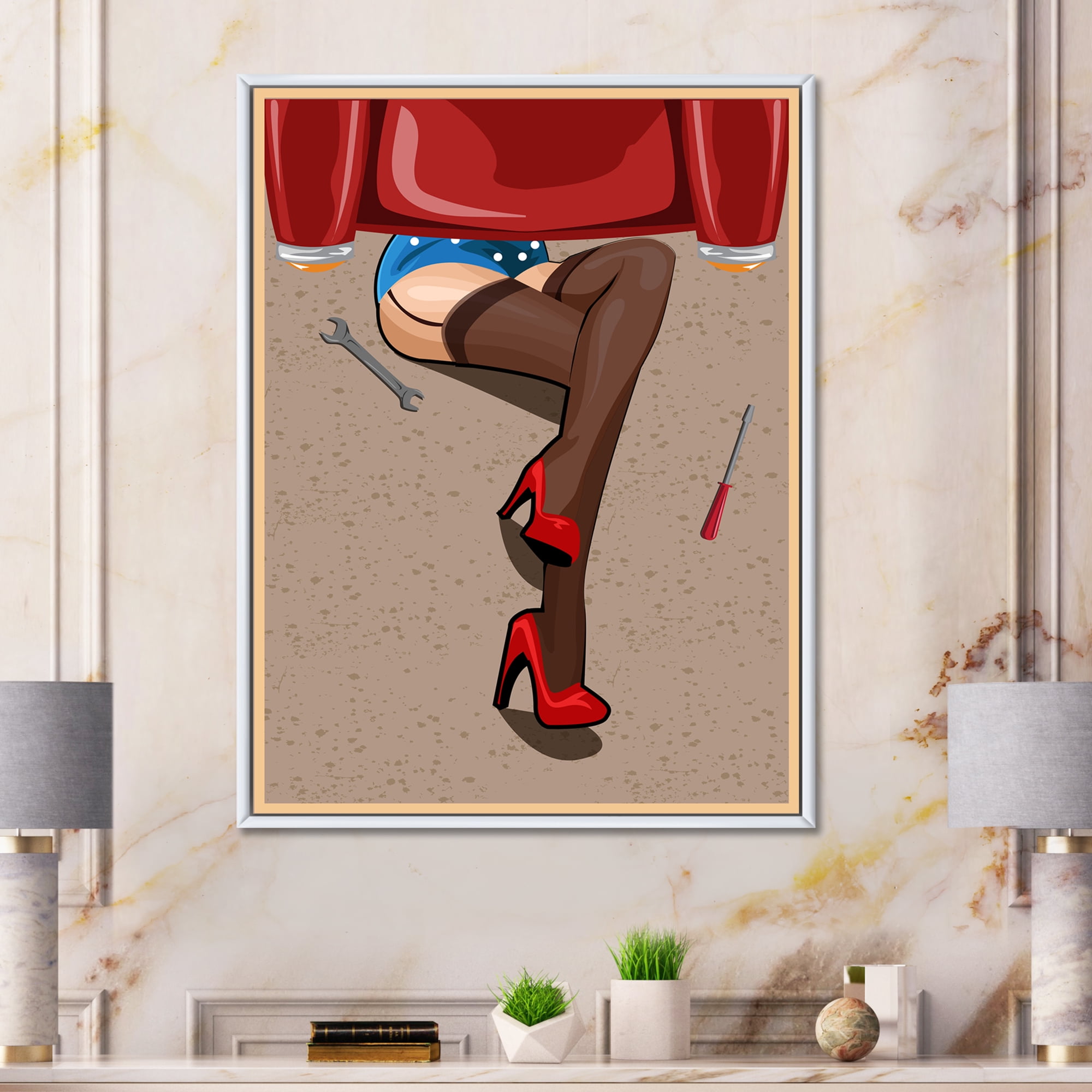 Designart 'Retro Sexy Girl Repairing The Car' Modern Framed Canvas Wall Art Print