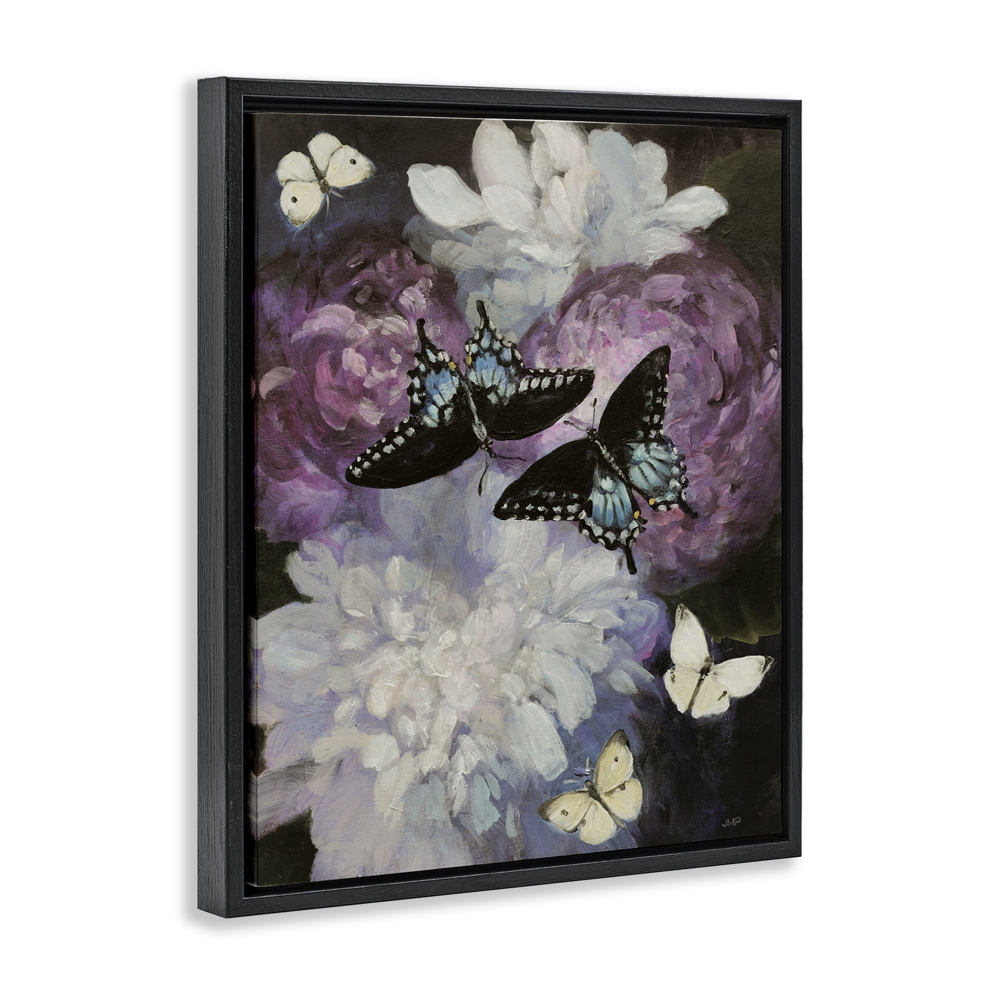 Stupell Industries Midnight Garden Butterflies Animals & Insects Painting Black Floater Framed Canvas Art Print Wall Art, 17 x 21