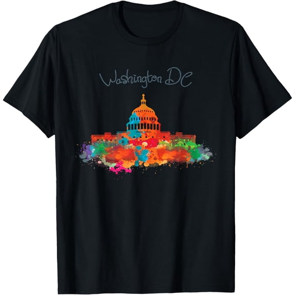 Washington DC skyline t shirt in multi color watercolors.Men and women, Black T-shirt, size: Extra large