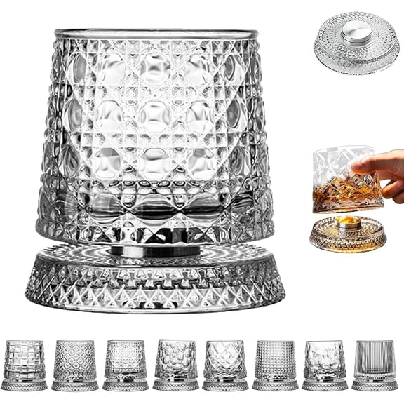 Crystal Rotating Whiskey Glass Tumbler, Rotating Whiskey Glass with 360° Spinning Base, Heavy Old Fashioned Crystal Tumbler for Bourbon, Scotch, Rum, Cocktail Gift for Men (#C)