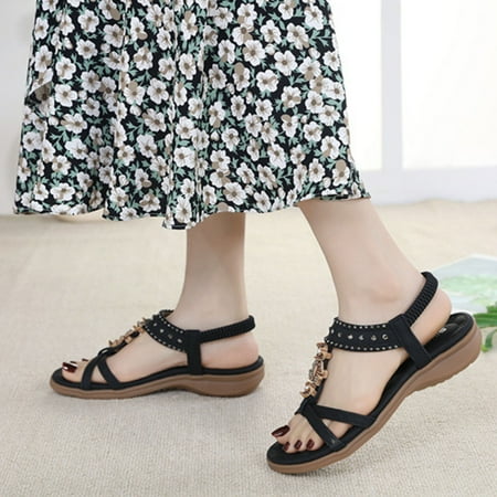 

Womens Summer Flats Sandals Casual Beach Shoes Sandals Rhinester Bohemian Round Toe Flat Shoes