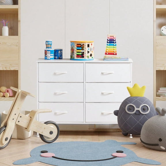 6 Drawer Fabric Storage Dresser with Wood Top & Metal Frame, Tall Chest of Drawers Storage Tower for Bedroom, Nursery & Entryway