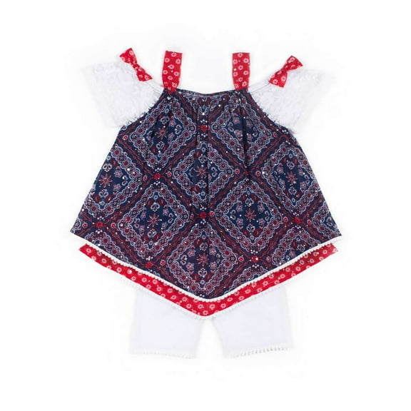 Toddler Girls Patriotic Outfit Floral Red White & Blue Shirt & Shorts Set 4T