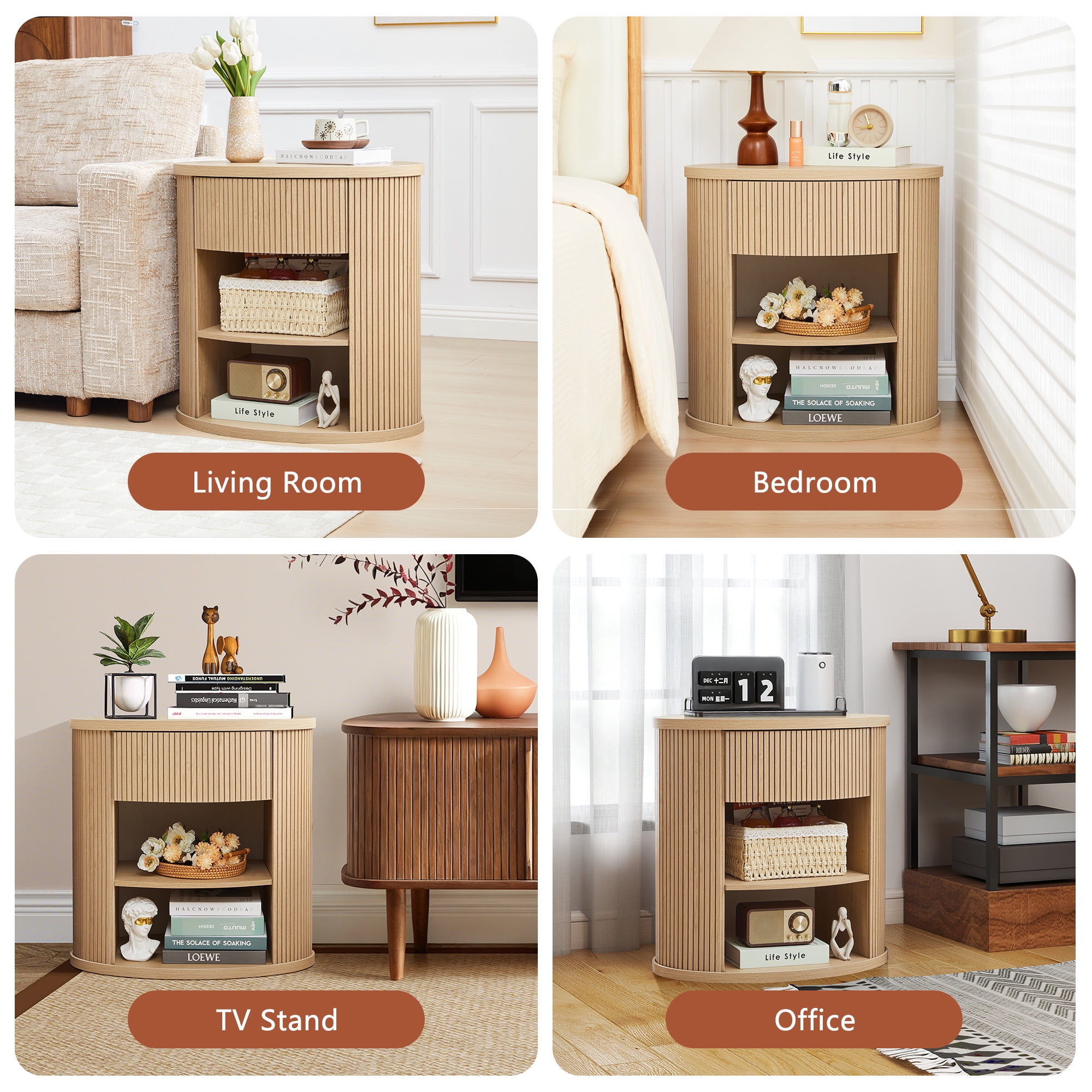 YOCWO Oval Nightstand with 1 Drawer and Adjustable Shelf for Bedroom with Carved Line Design, Round End tables for Living Room, Natural