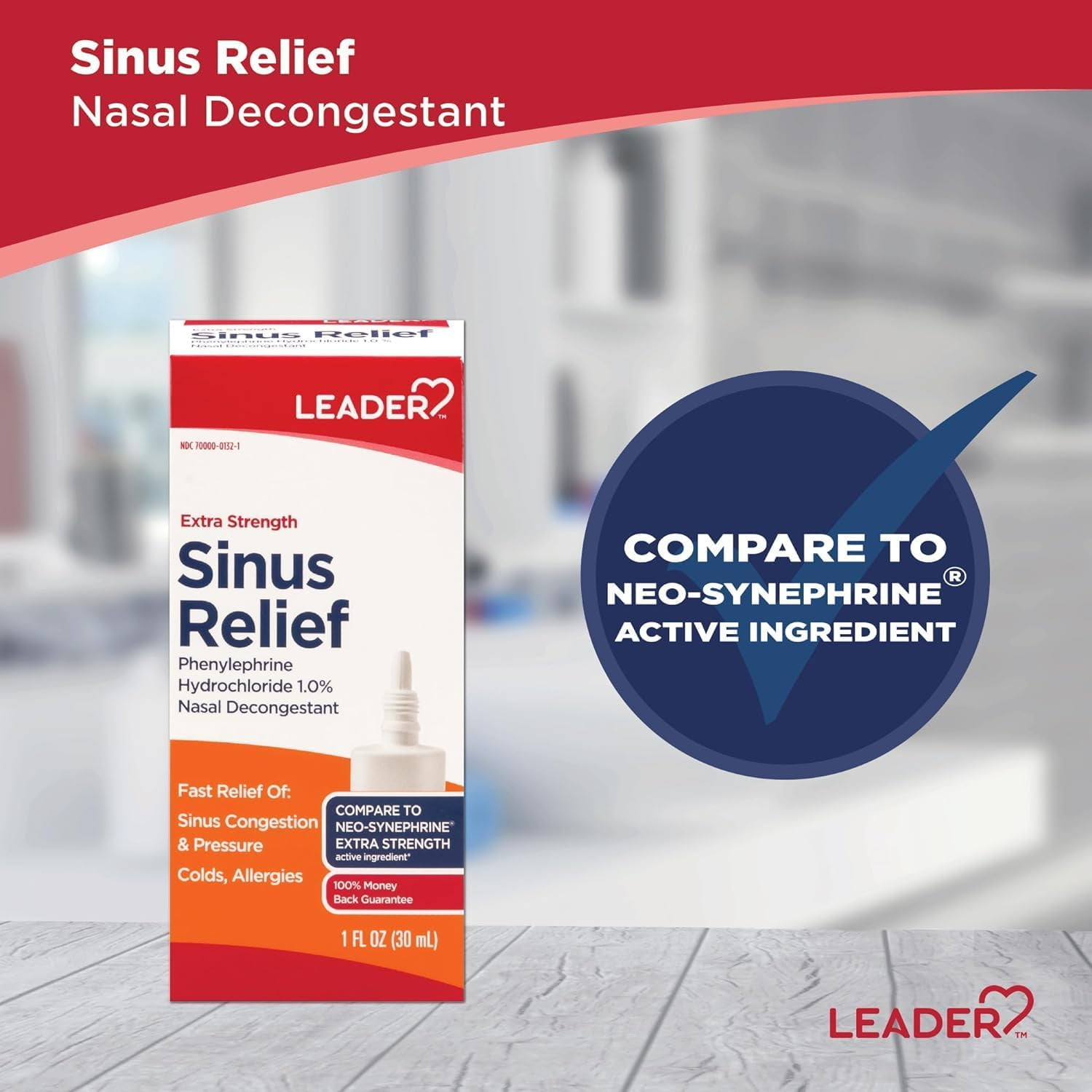 Leader Extra Strength Sinus Relief, Fast Acting, Sinus Decongestant, Nasal Congestion Relief Spray, Cold & Allergy 30 mL Bottle (Pack of 6)