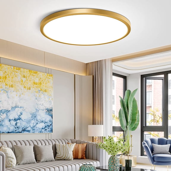 12Inch Flush Mount Ceiling Light Fixture LED, 24W(240W Equivalent), 3200LM, 5000K Daylight White, IP40, Flat Round Ceiling Lights for Bedrooms, Living Rooms, Bathrooms, Stairwells, etc.(Gold)