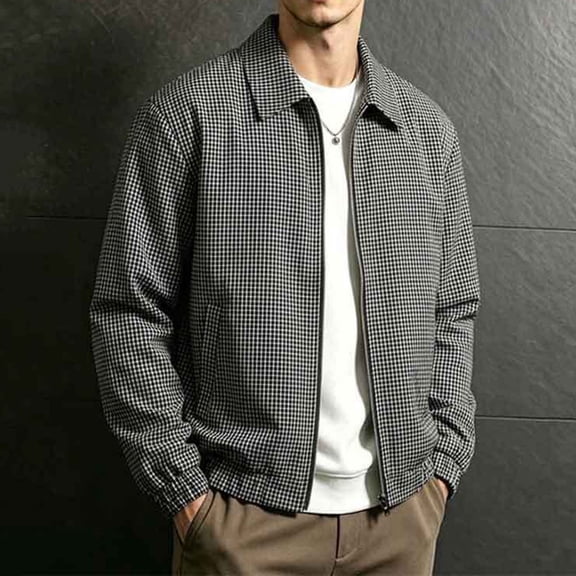 Zip Up Jacket Men Lapel Plaid Outerwear Casual Side Pocket Loose Fit Long Sleeve Tops with Vintage Checkered Woven Texture Black,L