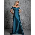 thumbnail image 6 of Teal Blue Off Shoulder Twist Ruched Satin Evening Gown Maxi Dress, 6 of 29