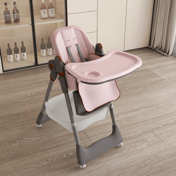 Adjustable Baby High Chair 0-6 Years – Portable Infant Feeding Seat with Safety Belt, Silent Lockable Wheels & Easy-Clean Design for Home, Dining, Living Room, Bedroom (Pink)