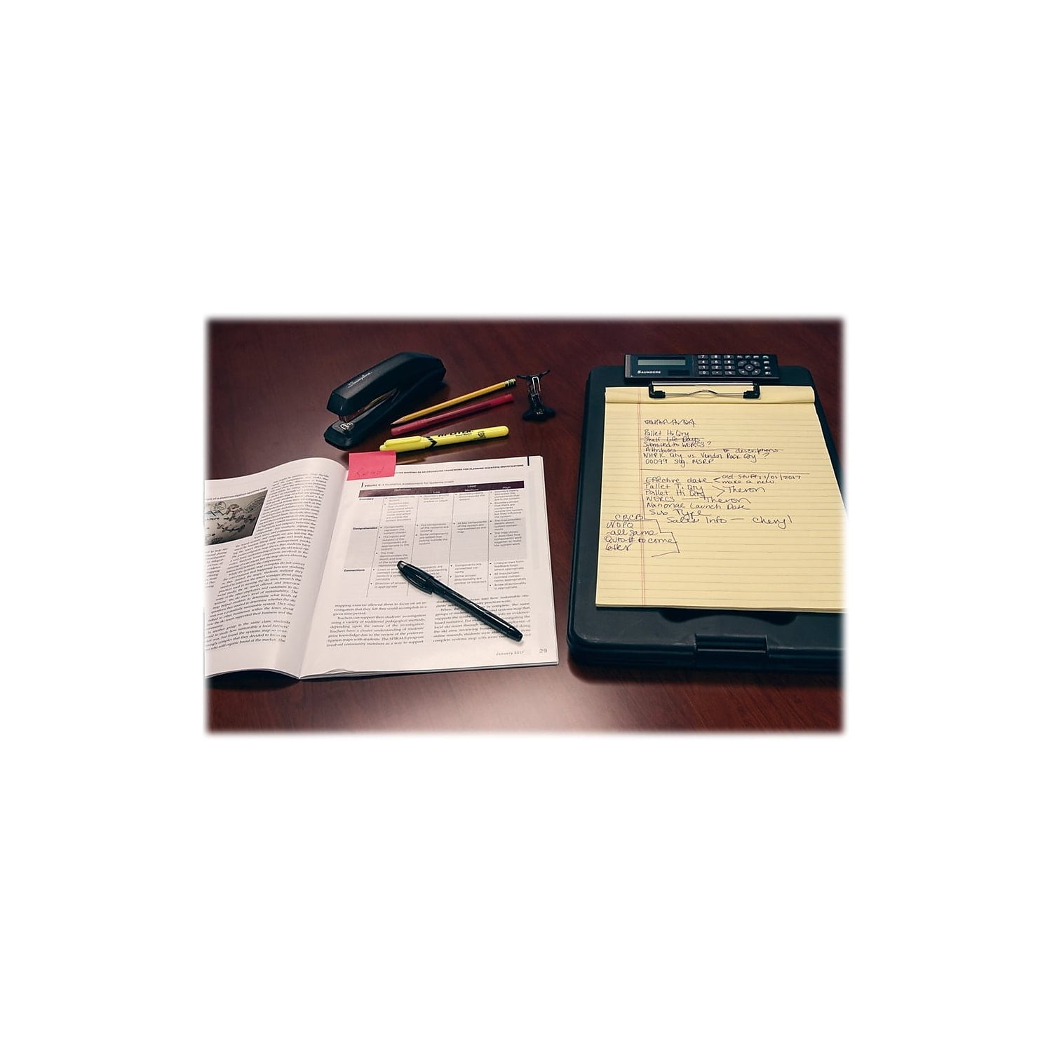 Saunders DeskMate II with Calculator, 0.5" Clip Capacity, Holds 8.5 x 11 Sheets, Black