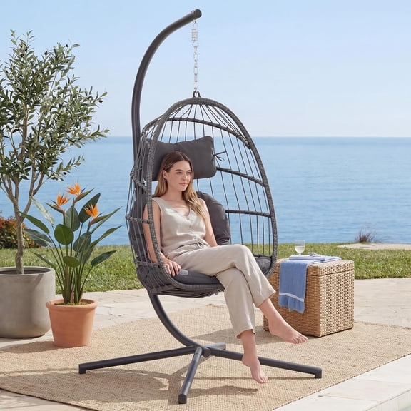 XIAO WEI Hanging Egg Chair with Stand, Indoor/Outdoor, 350 lbs Capacity, Charcoal Grey