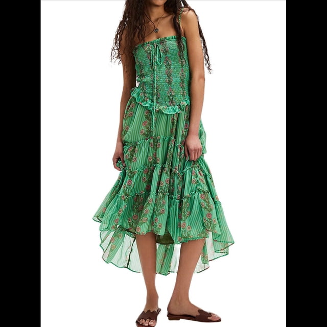 Vestido Tubo de Verano para Mujer, Liso, Sin Tirantes, con Hombros Descubiertos y Volantes. Verde L