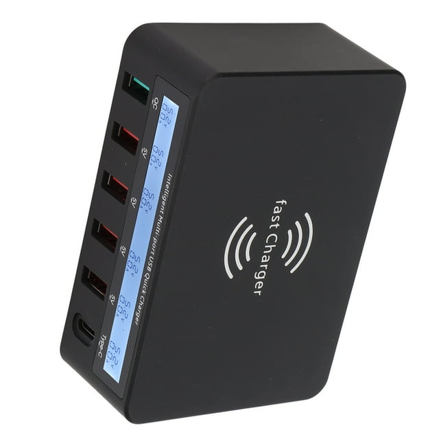 USB Charging Station, 6 Port Built In Protection QC 3.0 Universal Charging Base Wireless Charging ABS Housing With LCD Dispaly For Phone Black,White