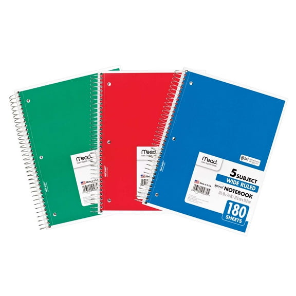 Mead Spiral 5 Subject Notebook, Wide Ruled, 180 Sheets Per Book, Pack of 3
