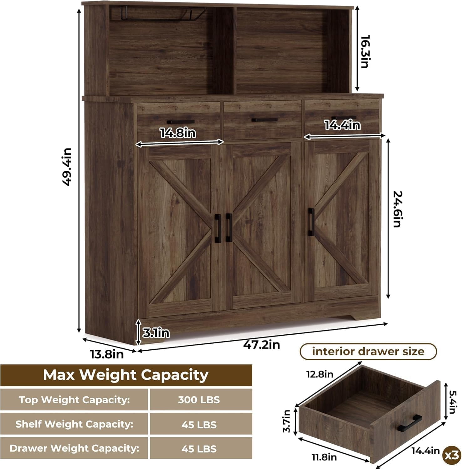 Huisuilinss Kitchen Pantry Storage Cabinet,Farmhouse Kitchen Cabinet,Food Pantry Cabinet with Microwave Stand,Barn Doors Kitchen Hutch with 3 Drawer and Shelves for Dining Room