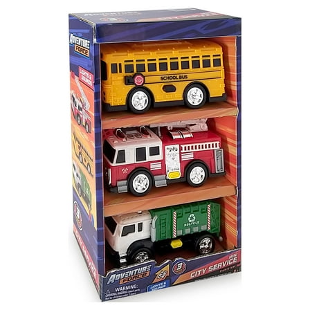 Adventure Force Light & Sound Mini City Service Vehicles, 3 pack, School Bus, Fire Truck and Recycling Truck