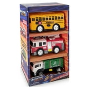Adventure Force Light & Sound Mini City Service Vehicles, 3 Pack, School Bus, Fire Truck and Recycling Truck