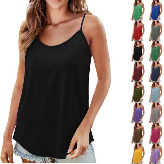 DYTTDG Women's Scoop Neck Spaghetti Strap Camisole, Solid Sleeveless Curved Hem Loose Casual Summer Basic Tank Top
