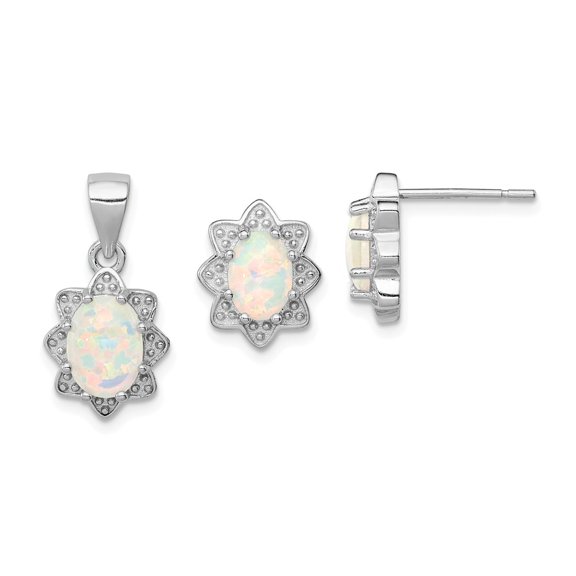 925 Sterling Silver Created Opal Pendant & Earring Set