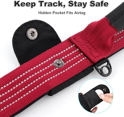 Tactical Dog Collar with Tracker Pocket for AirTag, Adjustable Reflective Nylon Collar, Metal Buckle, Leather-Wrapped Handle, Soft Padded for Medium Large Dogs (Burgundy Red, M)
