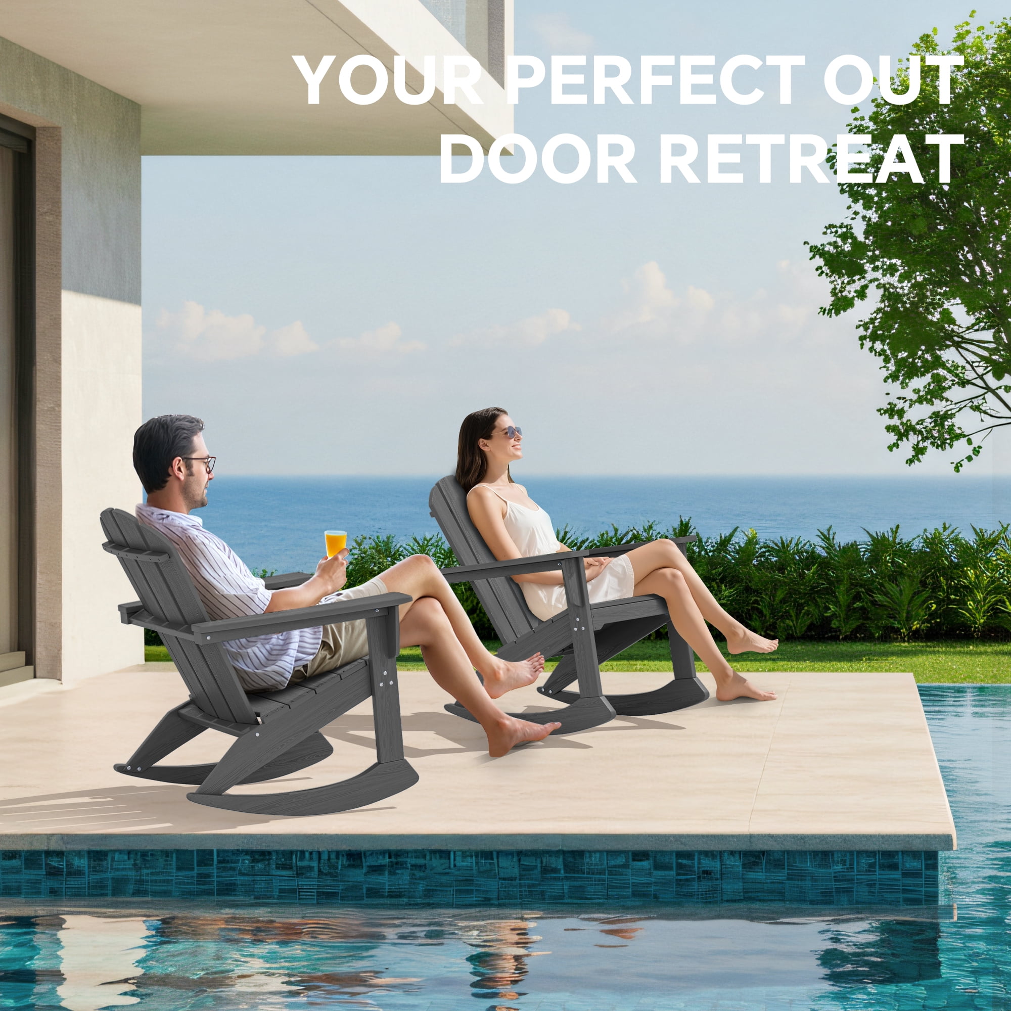 SERWALL Rocking Adirondack Chair, HDPE Outdoor Rocking Chair, All Weather Porch Rocking Chair for Patio, Gray