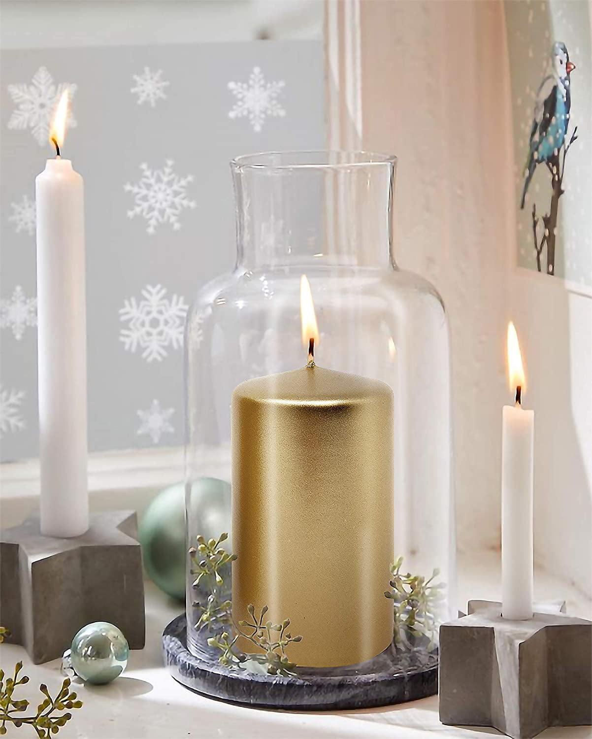 Hyoola 2.75 x 5 inch Metallic Antique Gold Unscented European Made Pillar Candles, Paraffin Wax with Cotton Wicks, 6-Pack