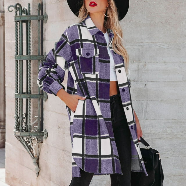 Chaquetas y abrigos casuales sin capucha de manga larga para mujer, abrigos casuales de manga larga con botones y estampado de celosía, abrigos, chaquetas, abrigos para mujer