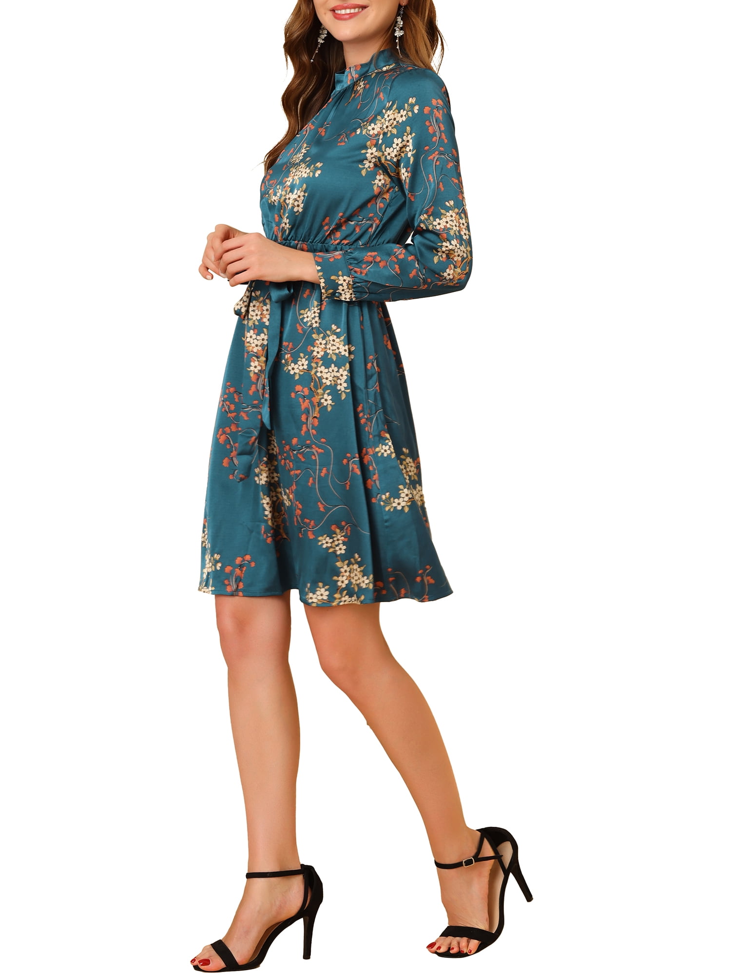 DARING DIVA Floral Print Long Sleeve Tie Waist A-line Dress M Satin Peacock Blue