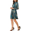 thumbnail image 5 of INSPIRE CHIC Women's Floral Dress Mock Neck Long Sleeve Tie Waist Knee Length Boho Dress M Satin Peacock Blue, 5 of 8