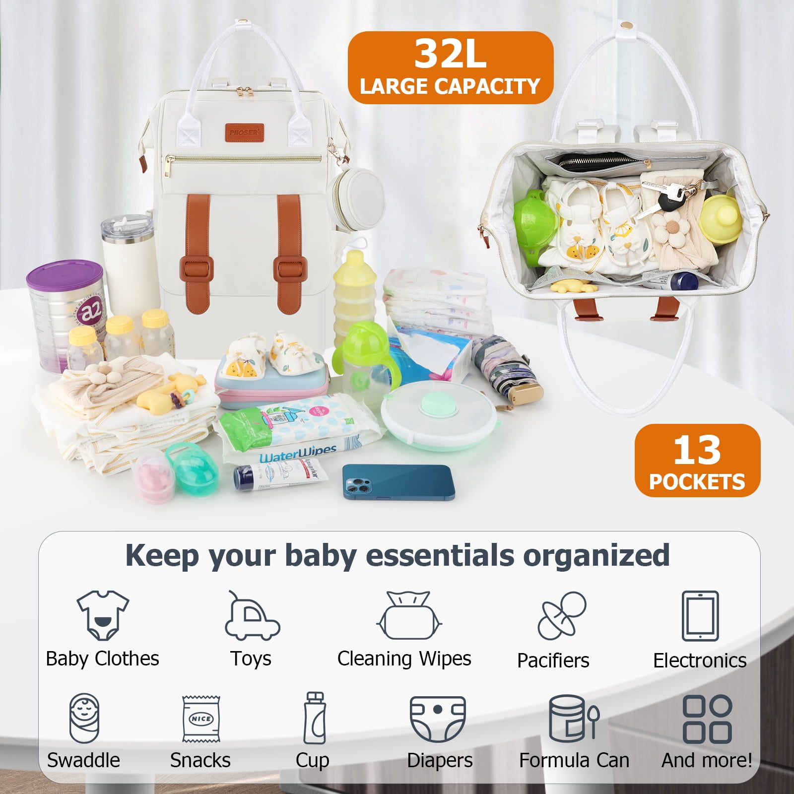 Diaper Bag Backpack with Ice Pack, Large Capacity Waterproof Baby Travel Backpack for Moms & Dads, Insulated Cooler Bag with Changing Pad, Stroller Straps & Pacifier Case, Cream