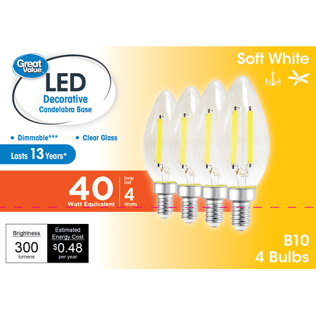 Great Value LED Light Bulb  4W (40W Equivalent) B10 Deco Lamp E12 Candelabra Base  Dimmable  Soft White  4-Pack